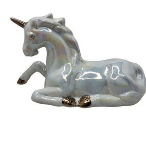 Vintage 1980s Porcelain Iridescent White, Gold Unicorn Figurine